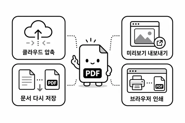 온라인 압축, 맥 미리보기, 오피스 다시 저장, 브라우저 인쇄 PDF 방식을 비교한 그림