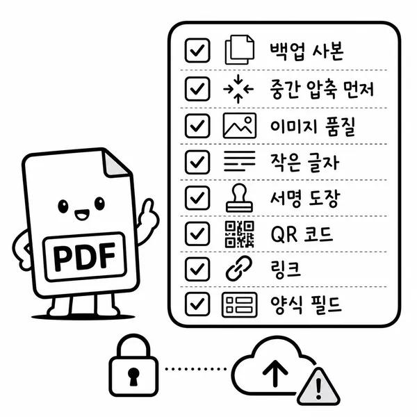 PDF 압축 전 백업, 화질, 서명, QR코드, 링크, 양식 필드를 확인하는 체크리스트 그림