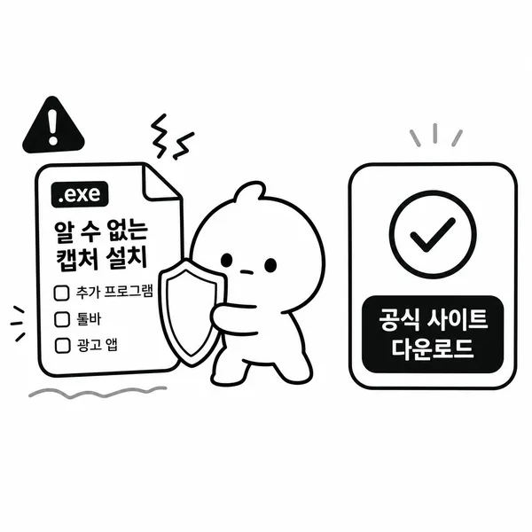 출처 불명의 캡처 설치 파일을 피하고 공식 사이트 다운로드를 확인하는 보안 경고 일러스트