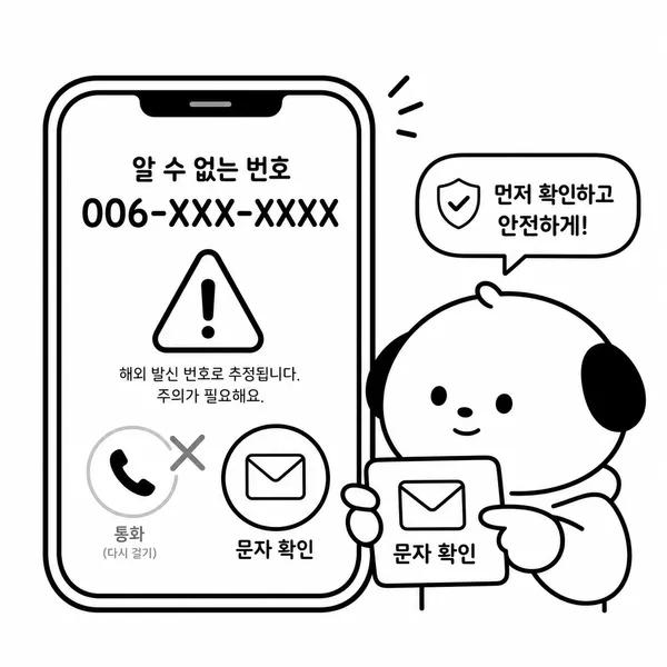 모르는 국제전화 번호를 다시 걸기 전에 메시지나 이메일로 확인하는 모습을 표현한 그림