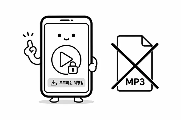 앱 안의 오프라인 저장은 MP3 파일 추출과 다르다는 설명 이미지