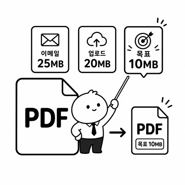이메일과 업로드 제한을 비교하며 PDF 목표 용량을 정하는 그림