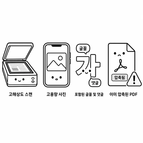PDF 용량이 커지는 네 가지 원인을 아이콘으로 설명한 그림