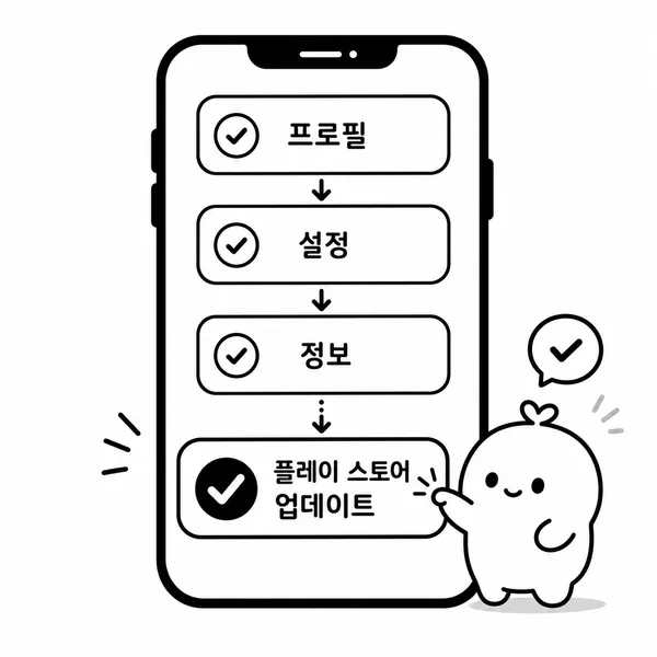 Play 스토어 앱 안에서 프로필, 설정, 정보, 업데이트 순서로 확인하는 모습