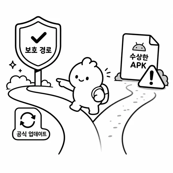 공식 업데이트와 Play Protect 경로를 선택하고 의심스러운 APK 파일을 주의하는 모습