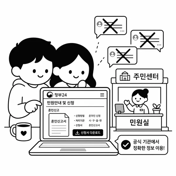 공식 사이트에서 혼인신고서 양식을 확인하는 부부 일러스트