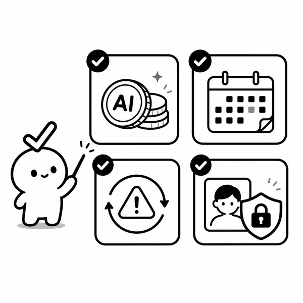 픽슬러 구독 요금, AI 크레딧, 환불 주의, 개인정보 확인 항목을 나타낸 체크리스트 일러스트