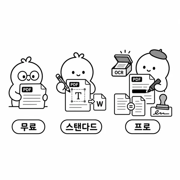 무료 Reader와 Acrobat Standard, Acrobat Pro 기능 차이를 비교한 일러스트