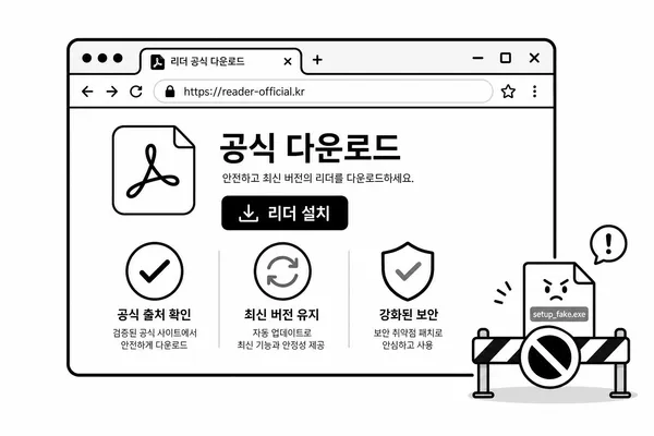 Acrobat Reader 공식 다운로드와 업데이트, 보안 설정을 확인하는 일러스트