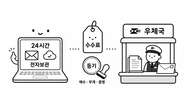 인터넷 내용증명과 우체국 창구 접수 비교 일러스트