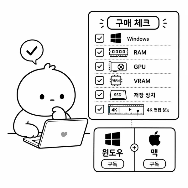 파워디렉터 실행 전 윈도우, 램, GPU, 저장공간 요구 사양을 점검하는 일러스트