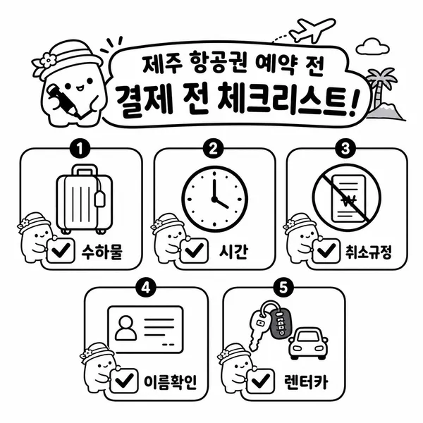 수하물과 시간대, 취소 규정, 이름, 렌터카 시간을 확인하는 항공권 체크리스트 그림