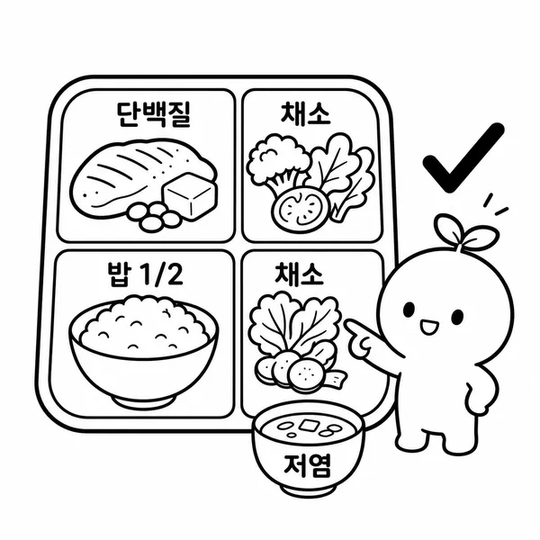 단백질과 채소 두 가지, 밥 반 공기와 저염 국물로 구성한 균형 잡힌 한 끼 구조