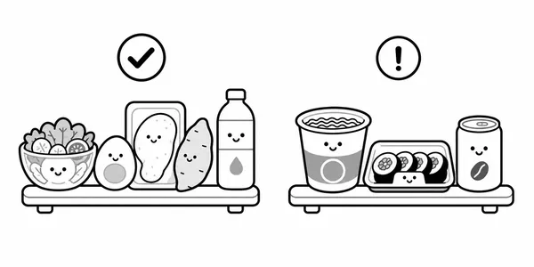 편의점에서 샐러드와 달걀, 닭가슴살, 고구마 조합과 컵라면, 김밥, 단 커피 조합을 비교한 그림