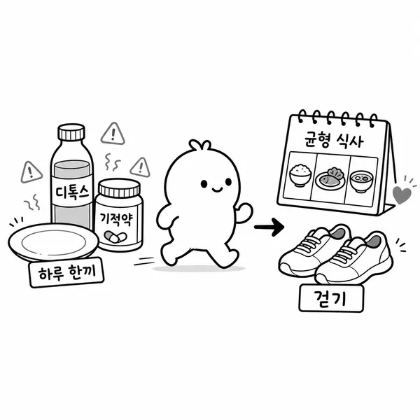 하루 한 끼, 디톡스 주스, 기적의 보조제 같은 극단적 다이어트를 피하고 균형 식단과 걷기로 향하는 그림