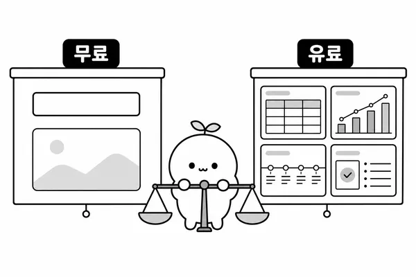 무료 PPT테마와 유료 PPT테마의 구성 차이를 저울로 비교하는 일러스트