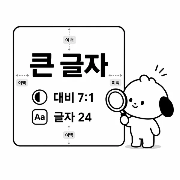 PPT 슬라이드의 글자 크기, 색 대비, 여백을 돋보기로 확인하는 일러스트