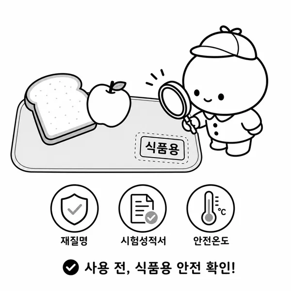 간식이 닿는 실리콘식탁매트의 식품용 표시를 확인하는 일러스트