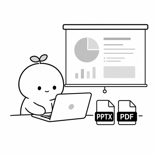 발표자가 PPTX와 PDF 백업 파일을 노트북에서 확인하는 일러스트