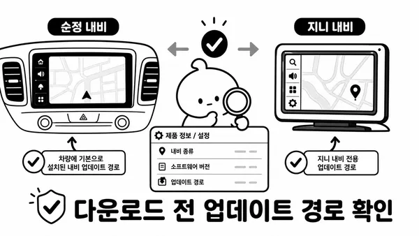 순정 내비게이션과 지니 내비게이션 업데이트 경로를 비교하는 그림