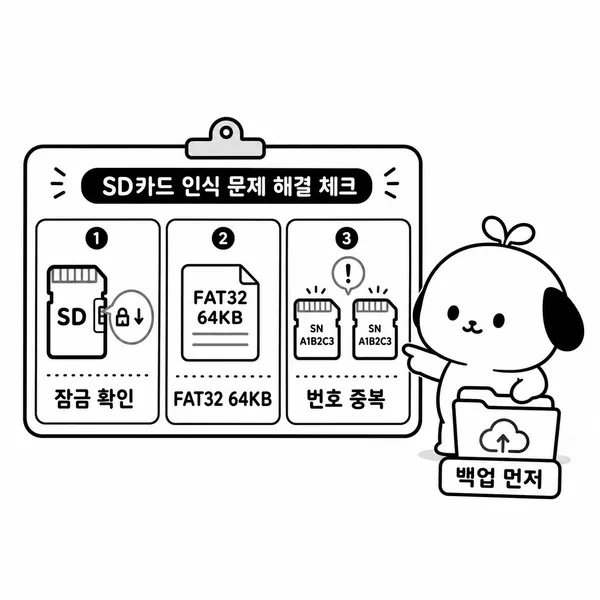 SD카드 잠금, FAT32 포맷, 시리얼 중복 문제를 점검하는 문제 해결 그림