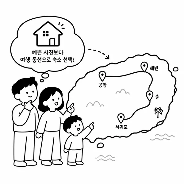 가족이 제주 지도에서 공항과 해변, 숲, 서귀포 동선을 확인하는 모습