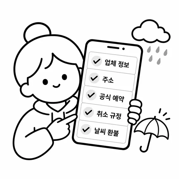 스마트폰 예약 화면에서 사업자 정보와 주소, 환불 규정을 확인하는 부모