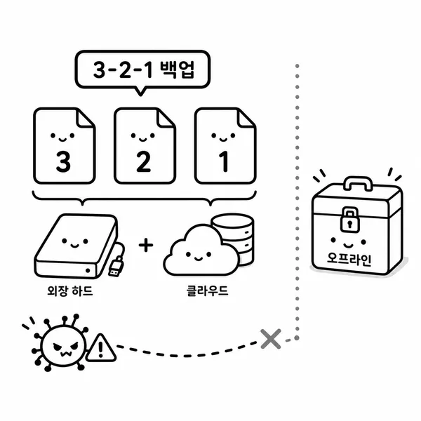 3개 사본, 2가지 저장매체, 1개 오프라인 보관으로 설명한 3-2-1 백업 규칙 그림