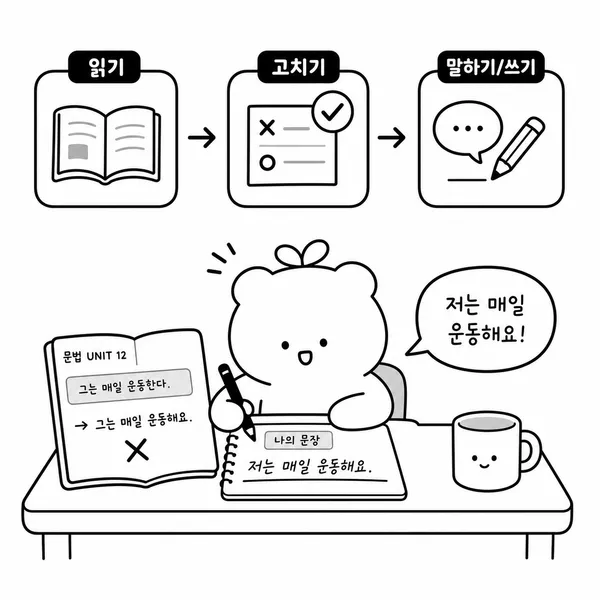 문법 유닛을 읽고 틀린 답을 고친 뒤 직접 문장으로 말하고 쓰는 공부 루틴