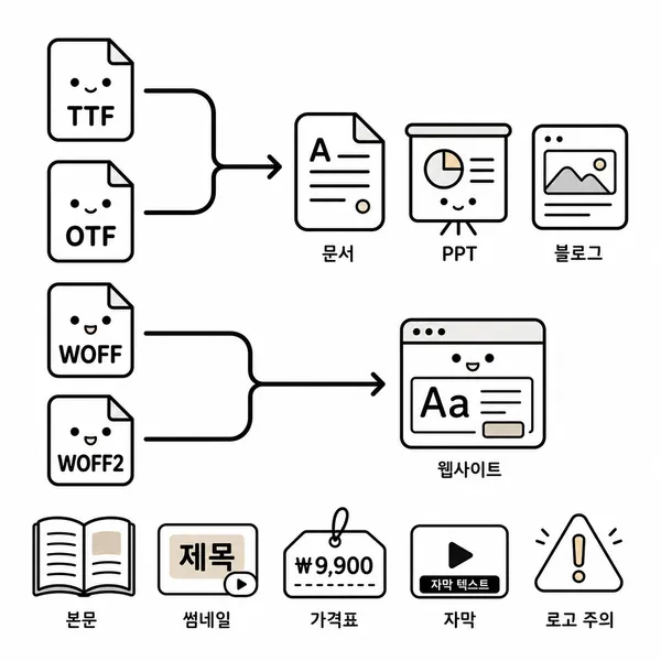 TTF OTF WOFF WOFF2 글씨체 파일 형식과 사용 용도를 비교한 일러스트