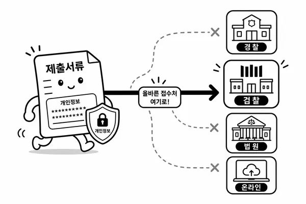 탄원서를 경찰서 검찰청 법원 온라인 제출처로 구분하고 개인정보 보호를 강조한 일러스트
