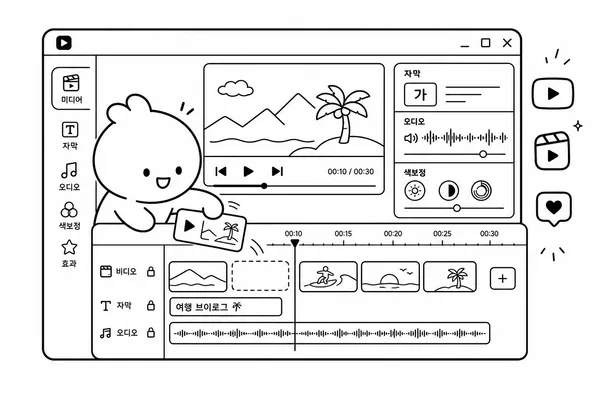윈도우 영상 편집 타임라인에서 클립과 자막, 오디오를 편집하는 일러스트