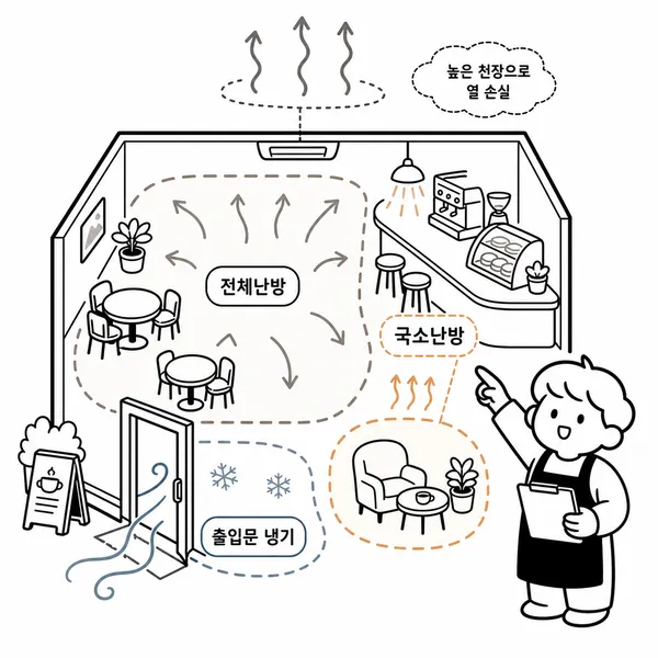 카페 공간을 전체난방, 국소난방, 출입문 냉기 구역으로 나눠 보는 일러스트