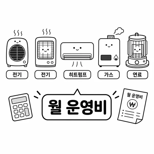 전기, 히트펌프, 가스, 연료 난방기와 월 운영비를 비교하는 일러스트