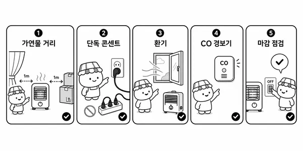 업소용난방기 사용 시 가연물 거리, 단독 콘센트, 환기, 일산화탄소 경보기, 마감 점검을 확인하는 안전 체크리스트 일러스트