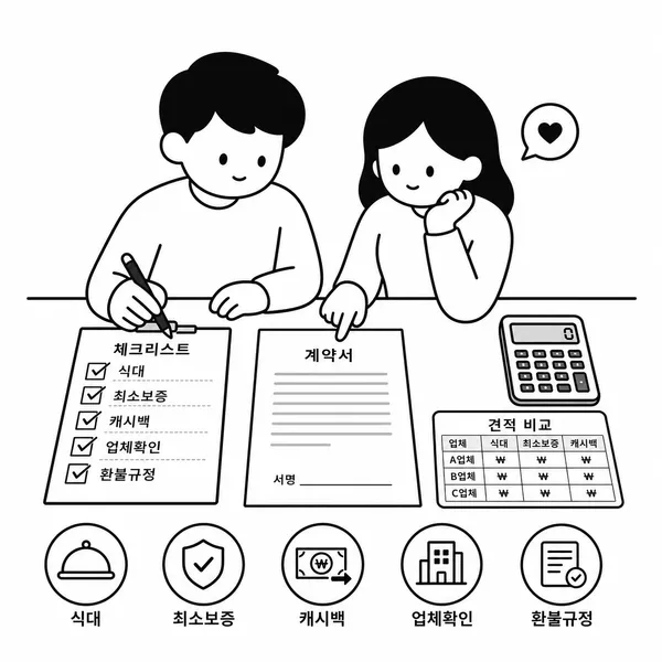 계약 전 최종 체크리스트와 견적 비교표를 확인하는 결혼 준비 책상