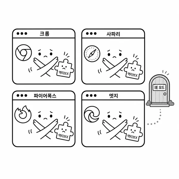 Chrome Safari Firefox 일반 Edge가 ActiveX를 지원하지 않고 IE 모드만 제한적으로 가능한 상황을 보여주는 일러스트