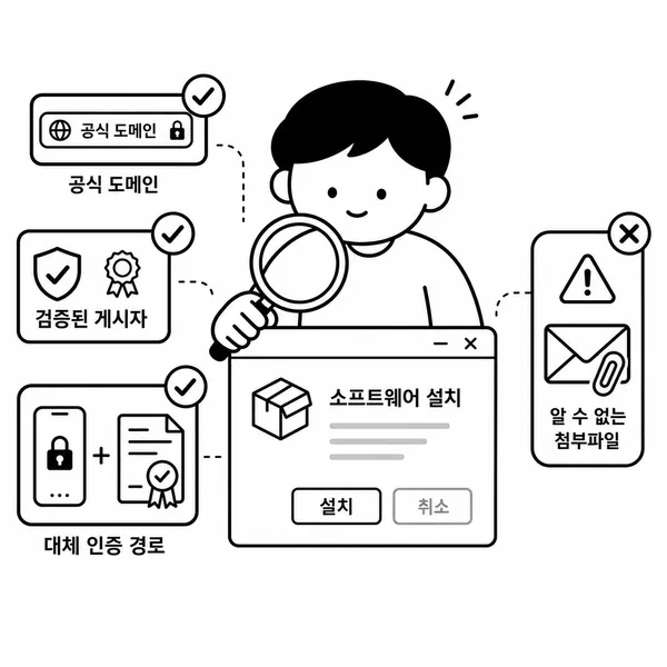 ActiveX 설치 전 공식 도메인 게시자 대체 인증 수단을 확인하는 체크리스트 일러스트