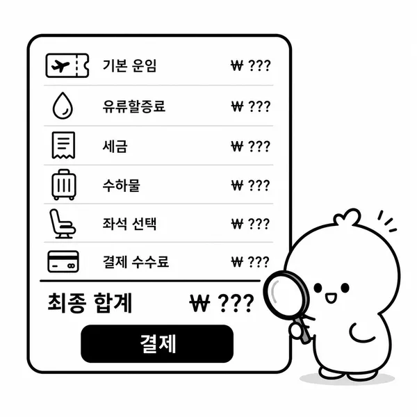항공권 기본 운임과 유류할증료 세금 수하물 좌석 지정비를 합산해 확인하는 화면 일러스트