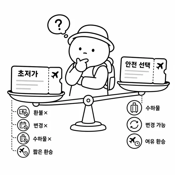 저렴하지만 제한이 많은 항공권과 조건이 더 안전한 항공권을 비교하는 여행자 일러스트