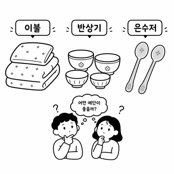 예단이불 반상기 은수저 세 가지 구성을 비교하는 일러스트