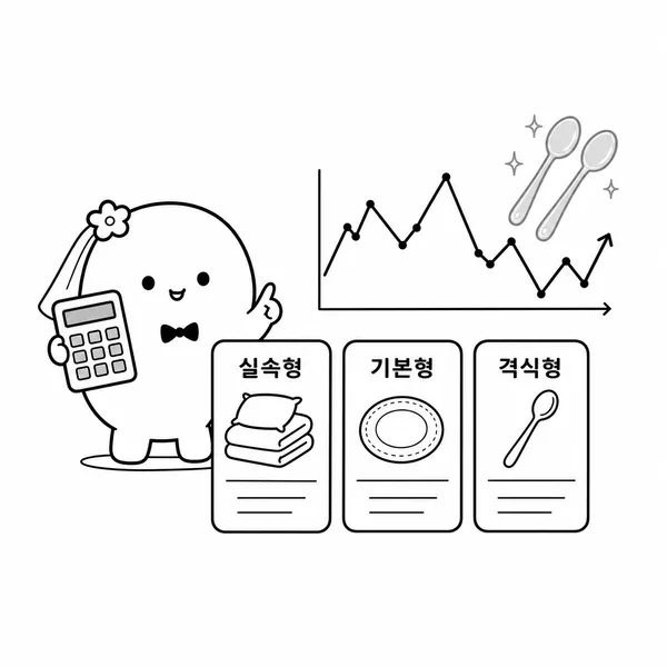 예단 예산 단계와 은수저 가격 변동을 설명하는 일러스트