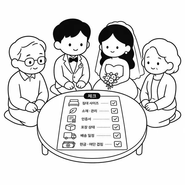 가족이 함께 예단 준비 체크리스트를 확인하는 일러스트