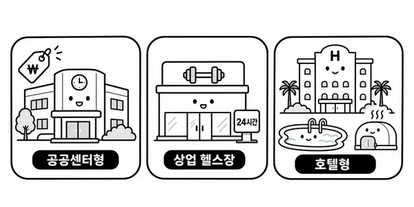 공공센터형 상업 헬스장 호텔형 피트니스를 비교한 일러스트