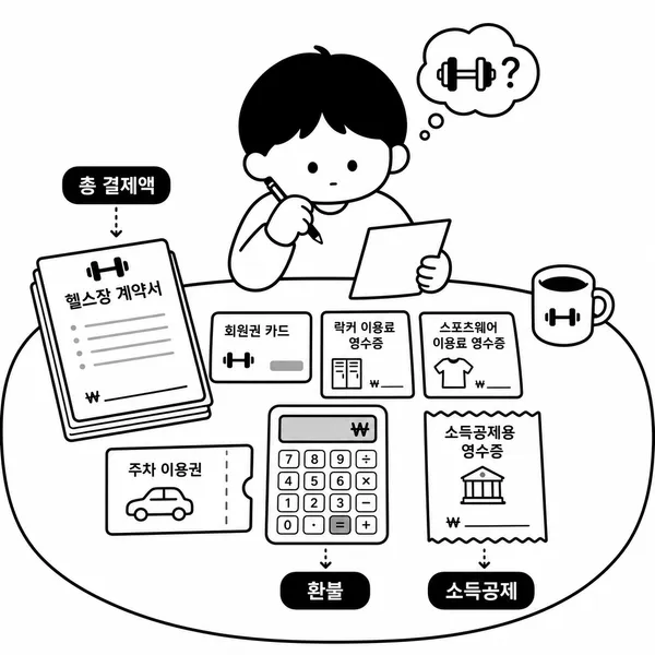 헬스장 총 결제액 환불 규정 소득공제를 확인하는 사람 일러스트