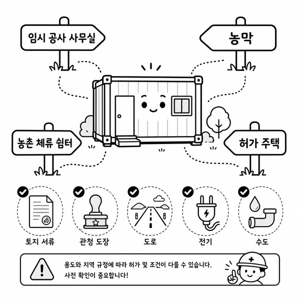 컨테이너하우스 용도를 임시사무실 농막 농촌체류형 쉼터 주택으로 구분하는 안내 그림