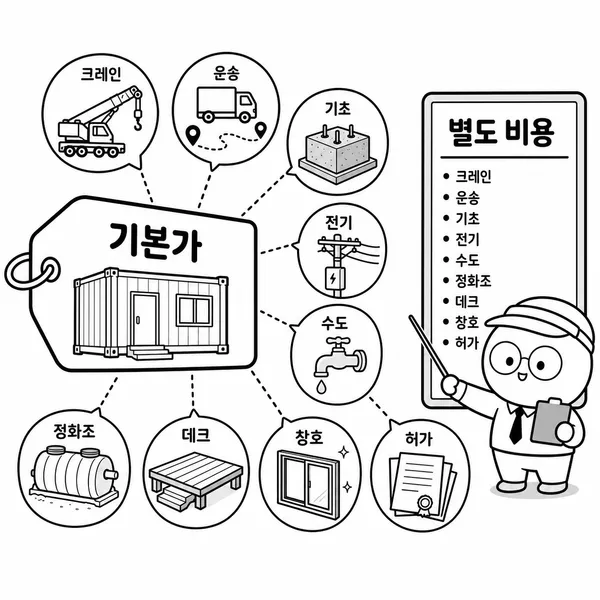 컨테이너하우스 본체 가격 외 운송 크레인 기초 전기 수도 정화조 비용을 보여주는 그림