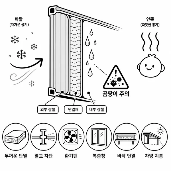 철제 컨테이너 벽체의 단열 부족과 결로 위험을 설명하는 단면 그림