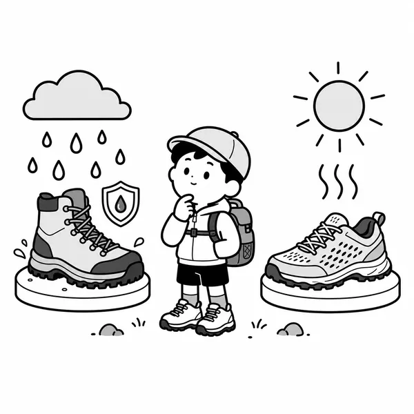 비 오는 길에는 고어텍스 등산화가 유리하지만 더운 여름에는 통풍 좋은 트레킹화가 나을 수 있음을 비교한 그림