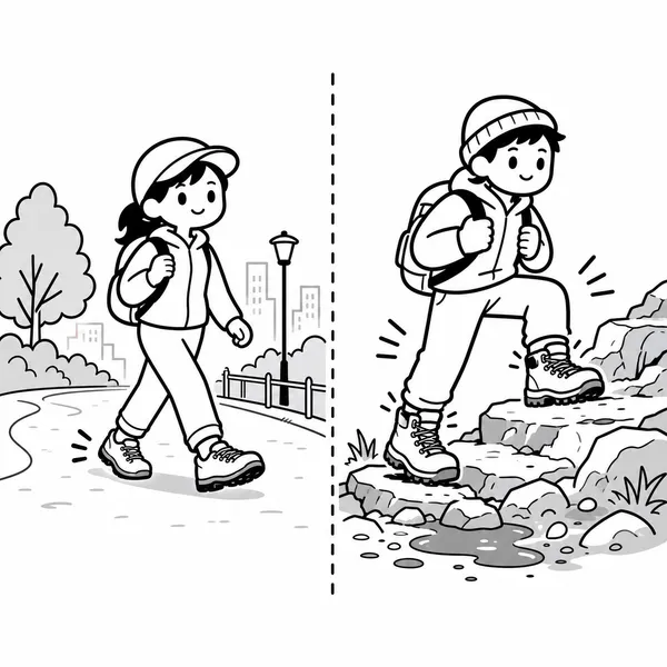 평탄한 길에 어울리는 로우컷 트레킹화와 돌길에 어울리는 미드컷 등산화를 비교한 그림